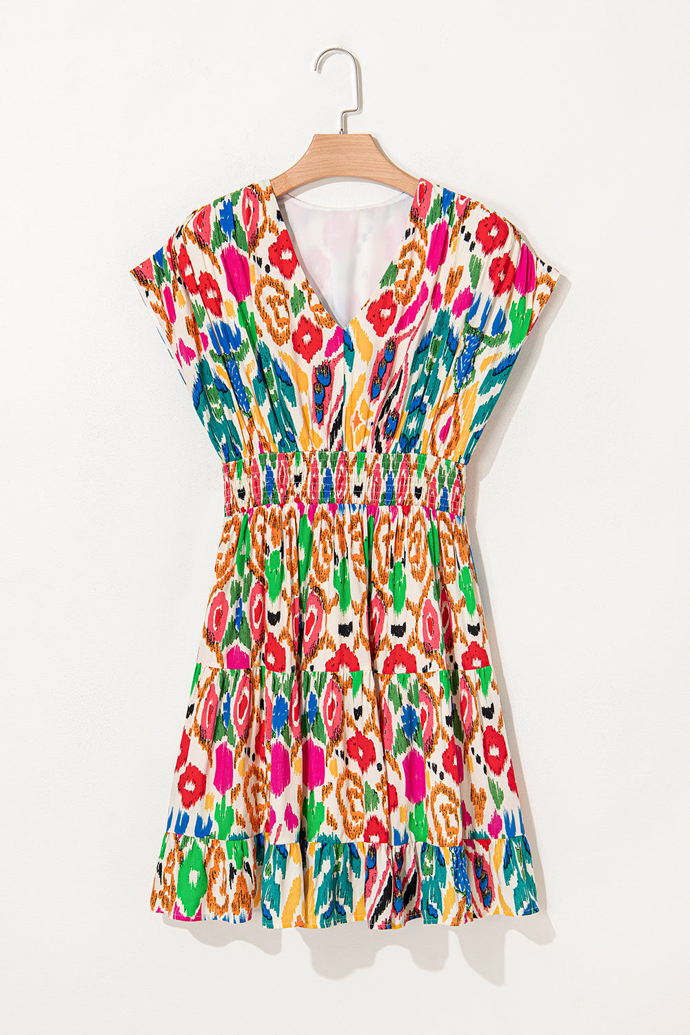Abstract Print V Neck Dolman Sleeve Ruffle Tiered Mini Dress