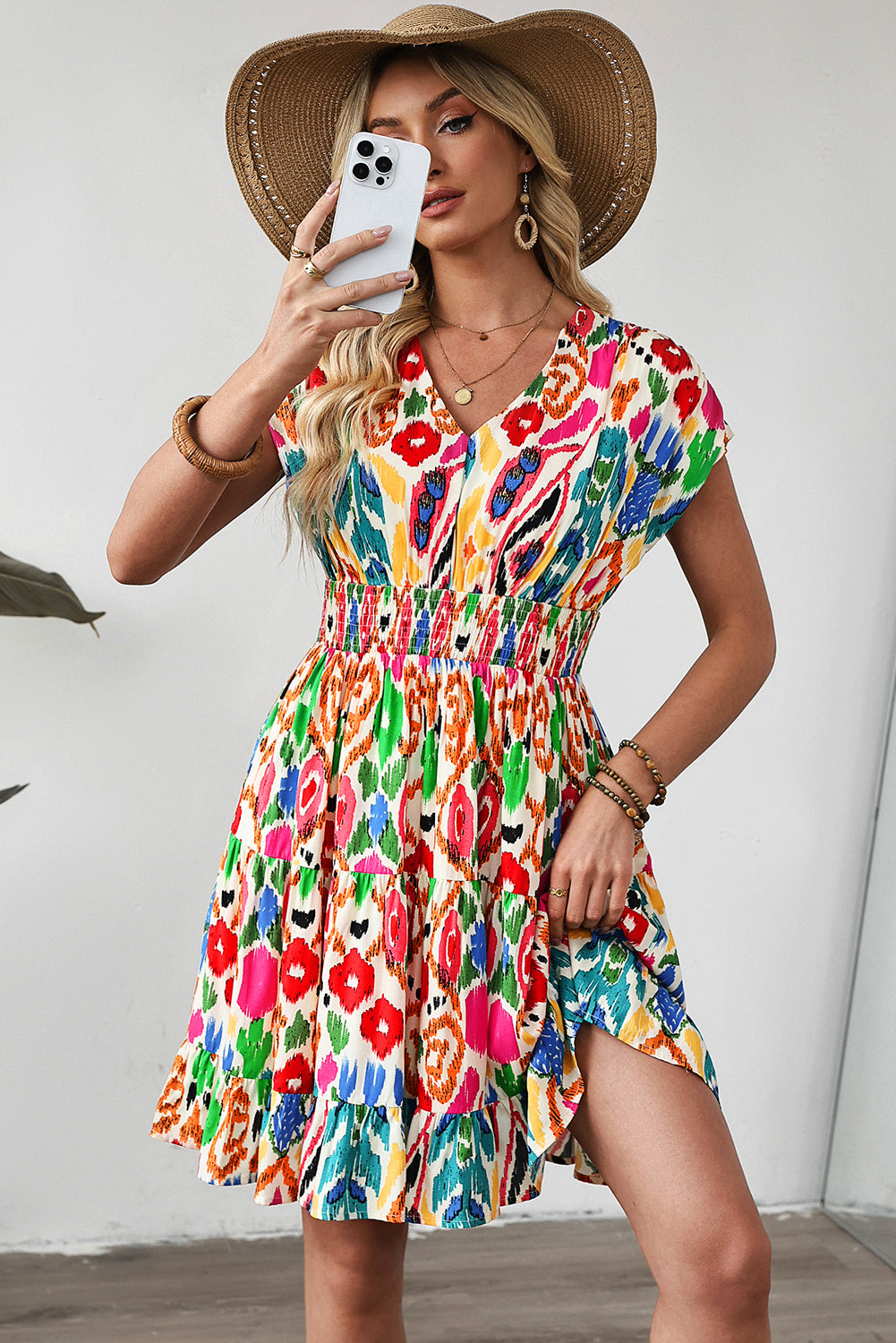 Abstract Print V Neck Dolman Sleeve Ruffle Tiered Mini Dress