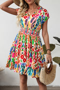 Abstract Print V Neck Dolman Sleeve Ruffle Tiered Mini Dress