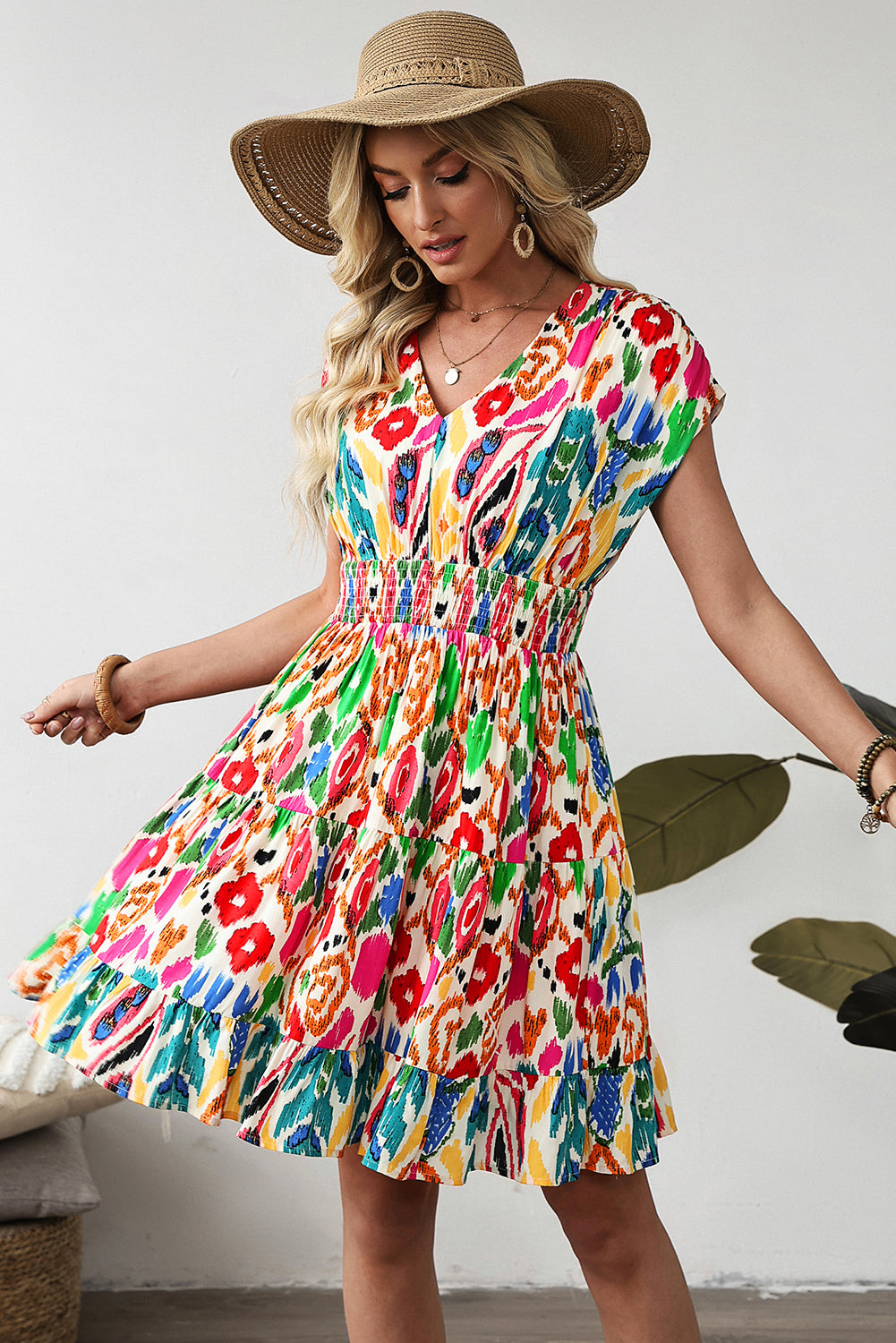 Abstract Print V Neck Dolman Sleeve Ruffle Tiered Mini Dress
