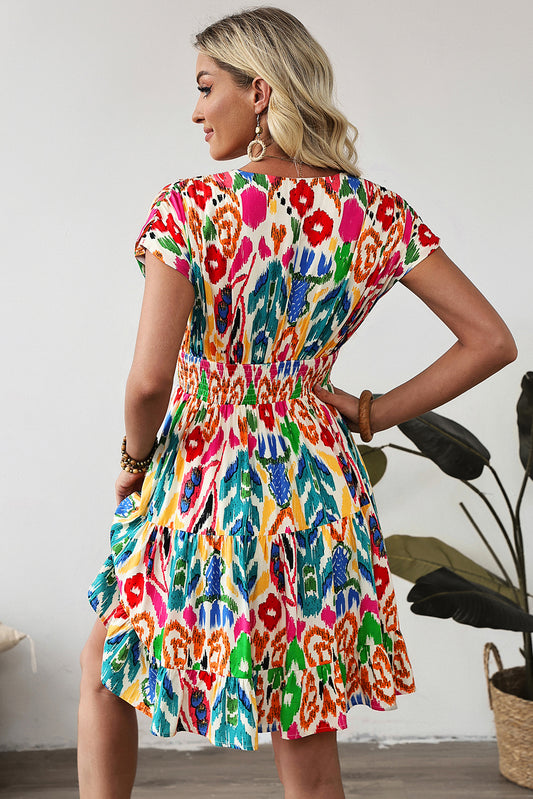 Abstract Print V Neck Dolman Sleeve Ruffle Tiered Mini Dress