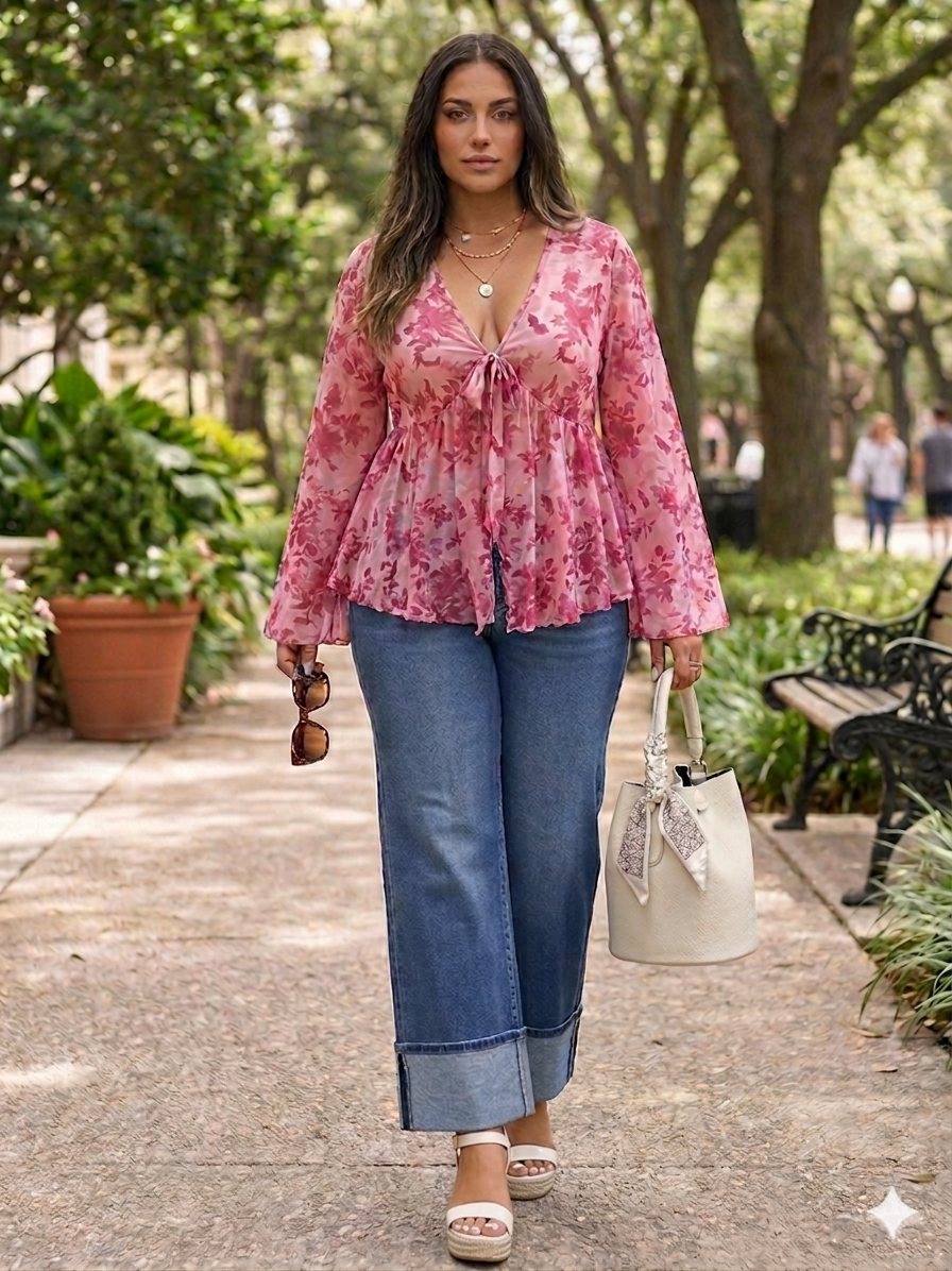 Plus Size Floral Print Chiffon Blouse