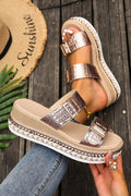 Gold Metallic Textured PU Leather Buckle Wedge Platform Slippers