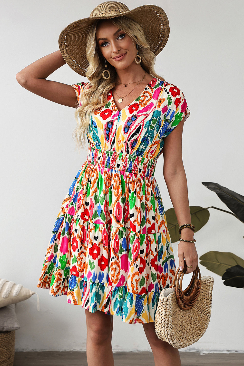 Abstract Print V Neck Dolman Sleeve Ruffle Tiered Mini Dress